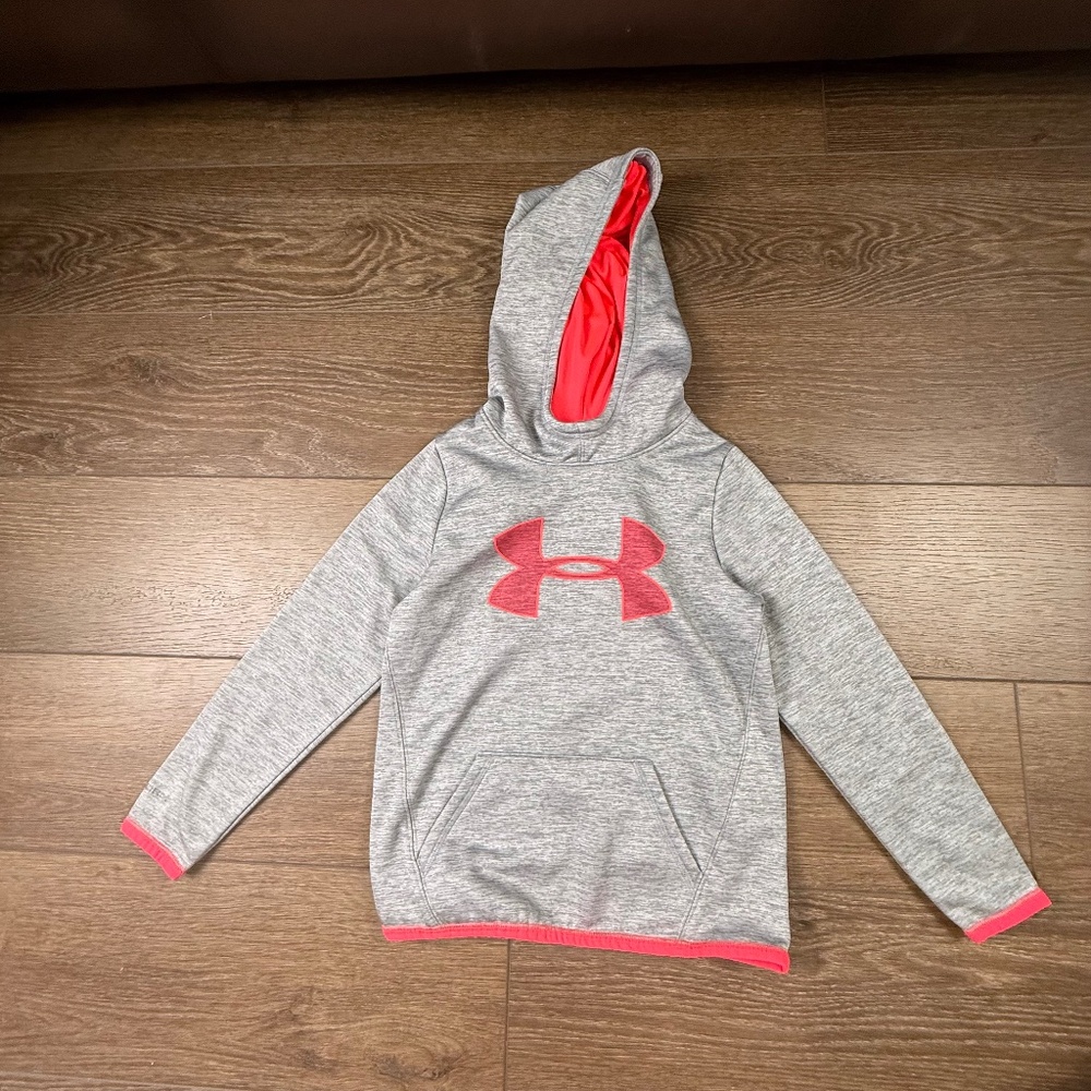 Under Armour UA Storm Hooded Sweatshirt, Logo, Heather Gray, Athletic, YSM Girls